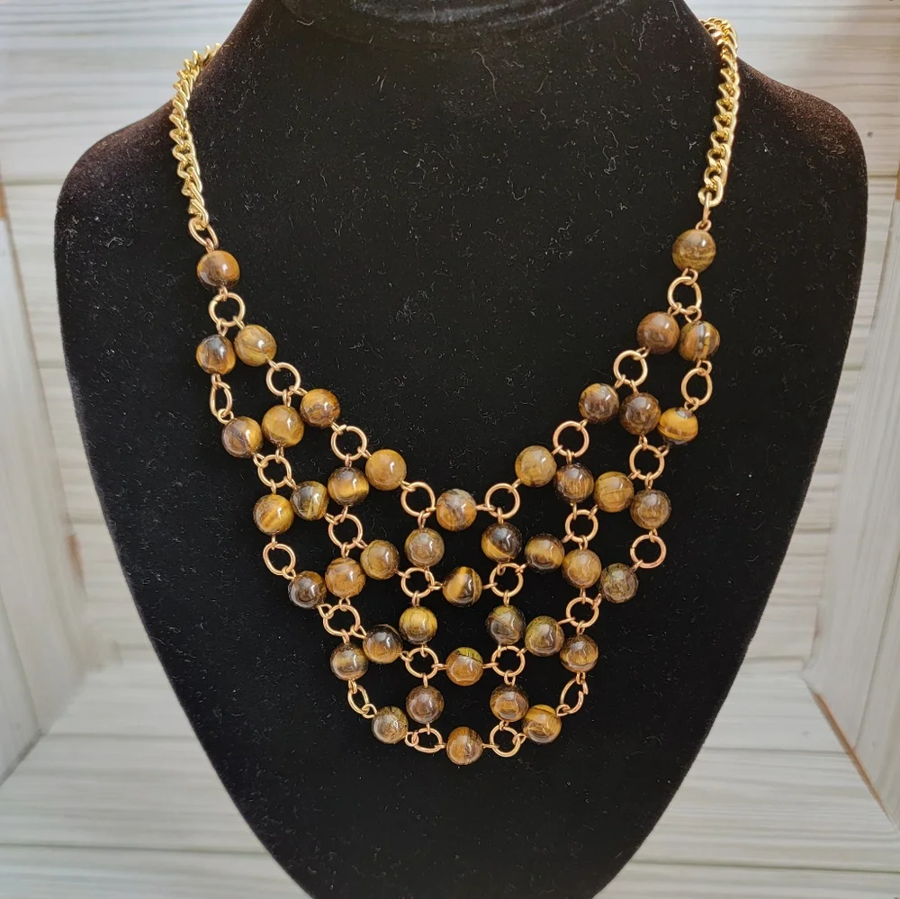 Genuine Tiger's Eye Gold Tone Multi Strand Bib Statement Necklace